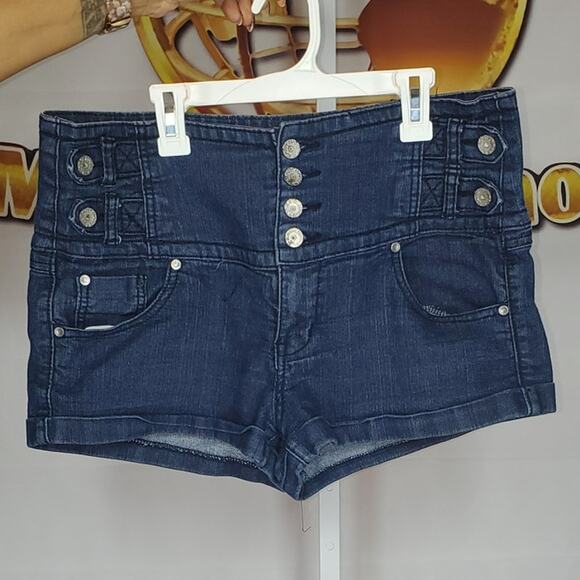 Almost Famous Women’s Blue High Waist Button Front Denim Shorts Size 13 - Picture 5 of 7